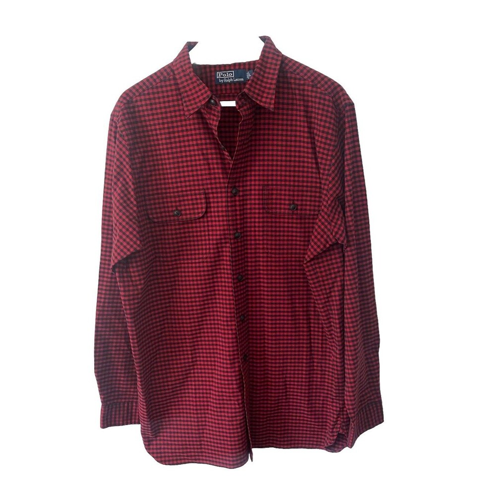 POLO RALPH LAUREN Men’s Black/Red Plaid Long Sleeve Button‎ down Flannel Shirt L